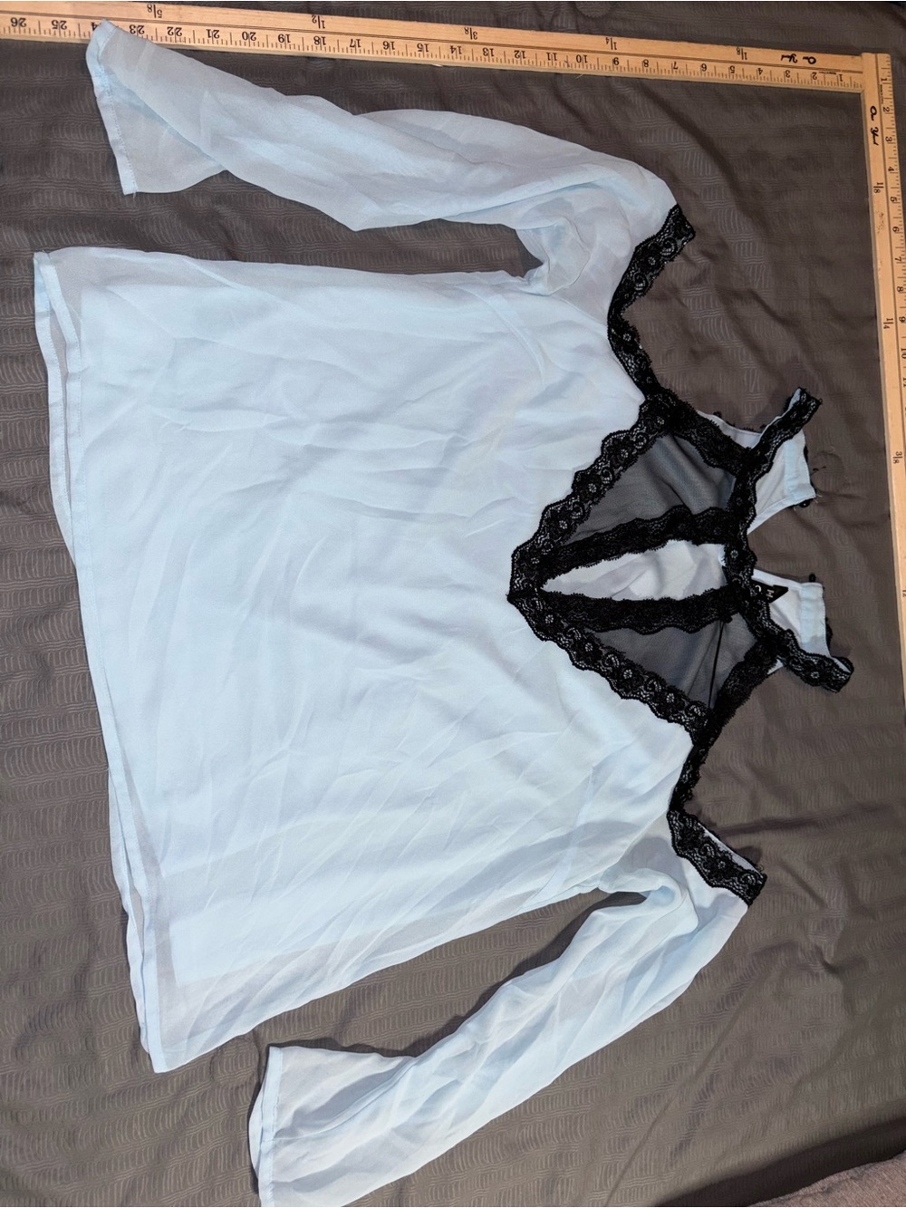 XOXO Baby Blue Sheer Long-Sleeve Blouse with Black Lace